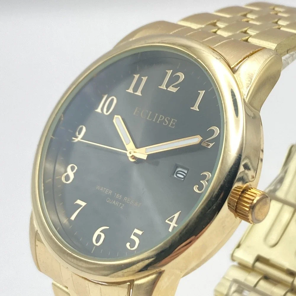 Eclipse Mens Watch 41mm Gold Tone Date Grey Dial 50M WR Classic New Battery 8